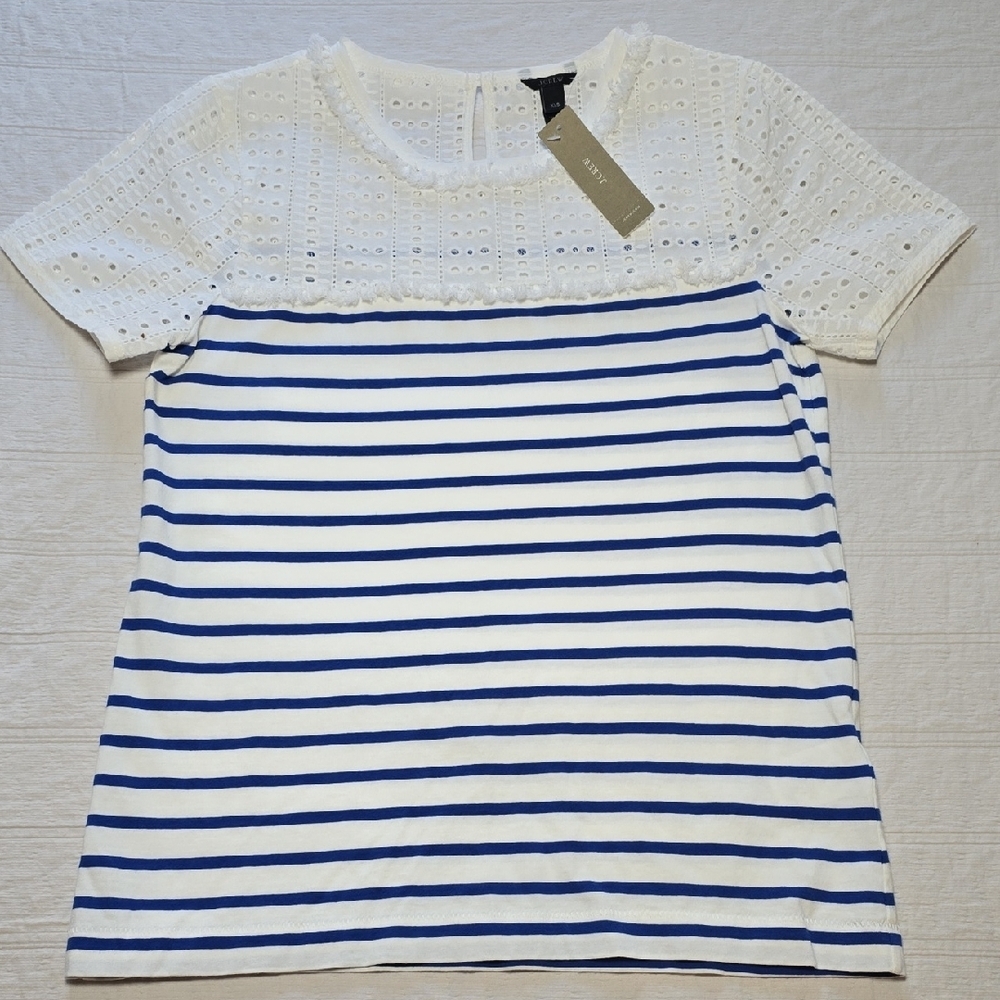 J. Crew Coastal Chic Stripe & Eyelet Tee - Nautical Summer Preppy Aesthetic XXS - Picture 2 of 12